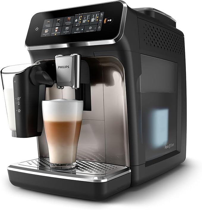 Philips Ekspres do kawy z serii 3300 w pełni zautomatyzowany - 6 napojów, Nowoczesny, Kolorowy ekran dotykowy, LatteGo, SilentBrew, Młynek w 100% ceramiczny, Filtr AquaClean, Czarny chrom (EP3347/90)