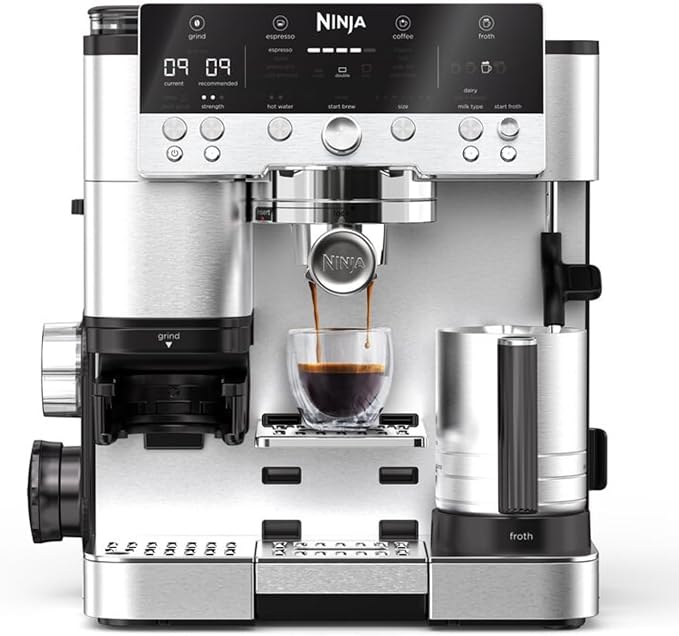 Ninja Luxe Premier Ekspres do kawy 3 w 1, latte, cappuccino, cold brew, espresso, wbudowany młynek i spieniacz do mleka, łatwy w obsłudze, 4 automatyczne ustawienia spieniania, srebrny, ES601EU