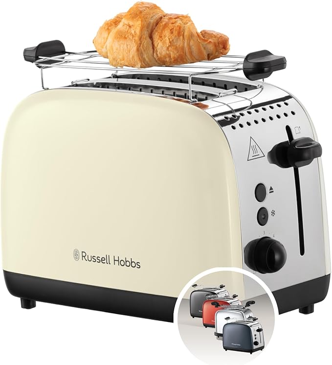 Russell Hobbs toster, na 2 kromki, bardzo szerokie szczeliny na tosty, nasadka do bułek, 6 ustawień opiekania, funkcja rozmrażania i Lift & Look, 1670W, stal nierdzewna, kremowy, Colors Plus 26551-56