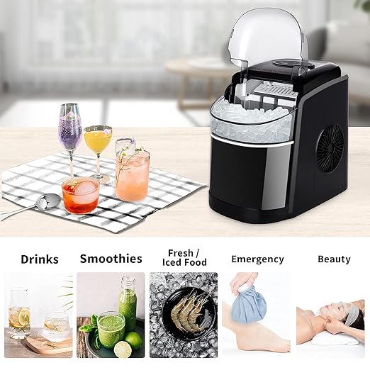 Kostkarka do lodu, zwycięzca testu, 12 kg, kostkarka do lodu, 6 min, czas produkcji Ice Cube Maker, cicha kostkarka do lodu z funkcją samoczyszczenia, czarna (wielokierunkowa) - Image 8