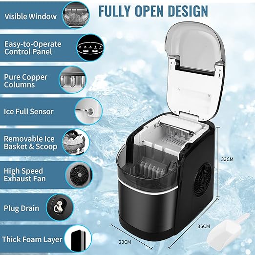 Kostkarka do lodu, zwycięzca testu, 12 kg, kostkarka do lodu, 6 min, czas produkcji Ice Cube Maker, cicha kostkarka do lodu z funkcją samoczyszczenia, czarna (wielokierunkowa) - Image 6