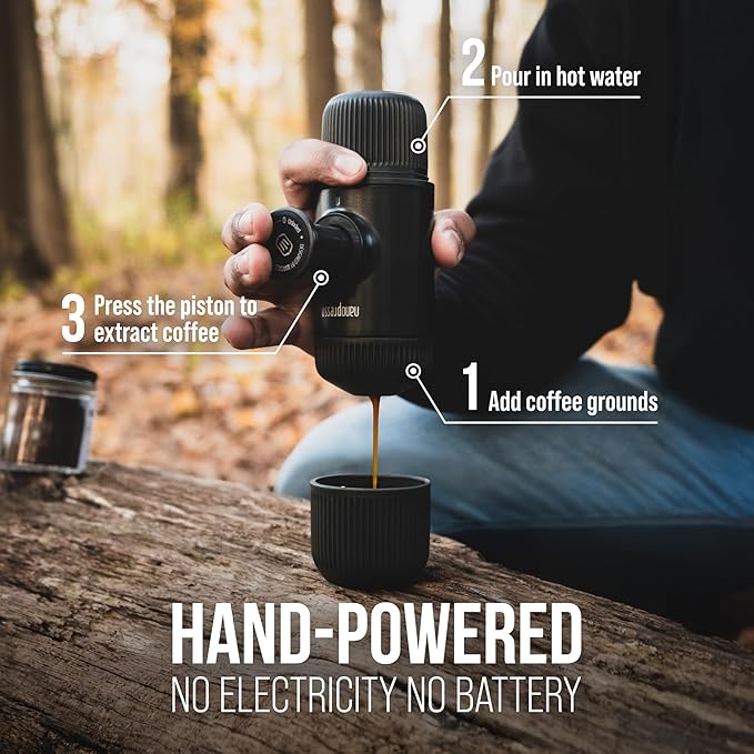 WACACO Nanopresso przenośny ekspres do espresso, ulepszona wersja minipresso, ciśnienie 18 barów, mały podróżny ekspres do kawy, obsługiwany ręcznie, kompatybilny z mieloną kawą, Szary - Image 4